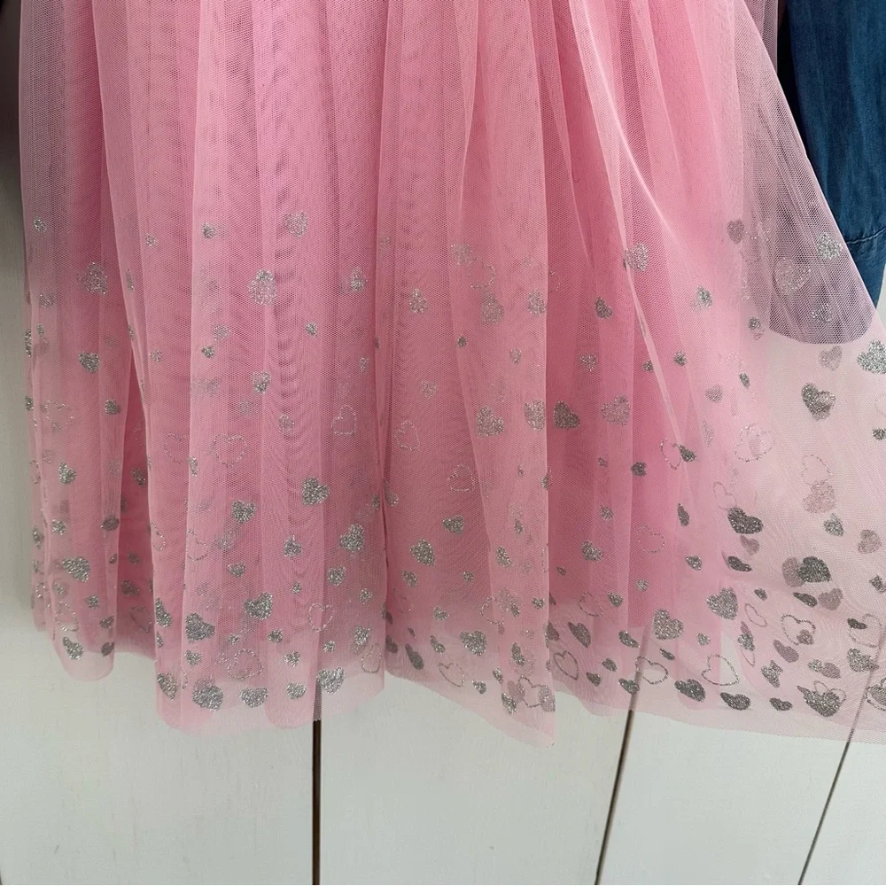 Girls Justice Denim Tulle Dress Sz 8 Sparkle Hearts Long Sleeve
